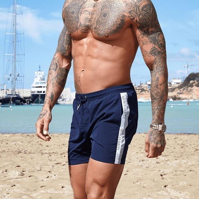 Men Swimwear White Black Bule Red Swimsuit Side Pockets Drawstring Elastic Waistband Swimming Trunks Breathable Swim Briefs Male