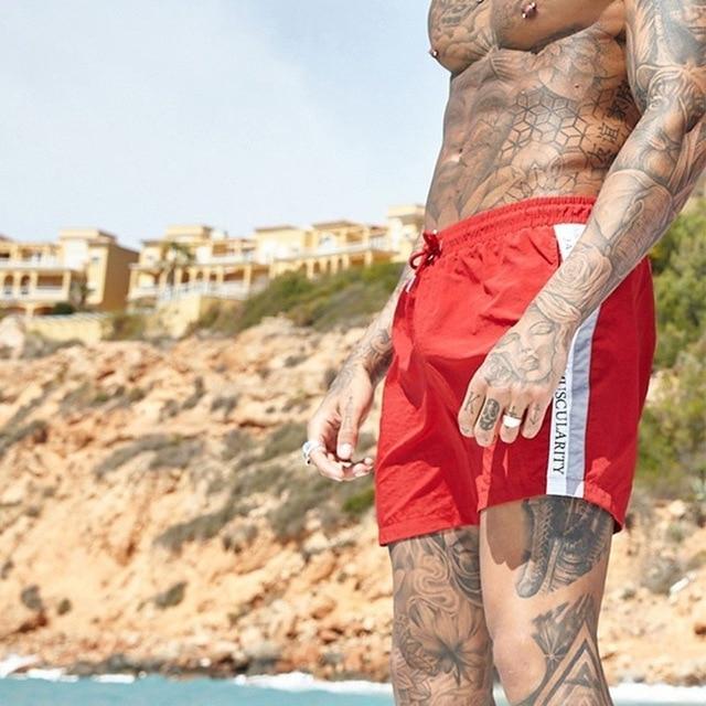 Men Swimwear White Black Bule Red Swimsuit Side Pockets Drawstring Elastic Waistband Swimming Trunks Breathable Swim Briefs Male