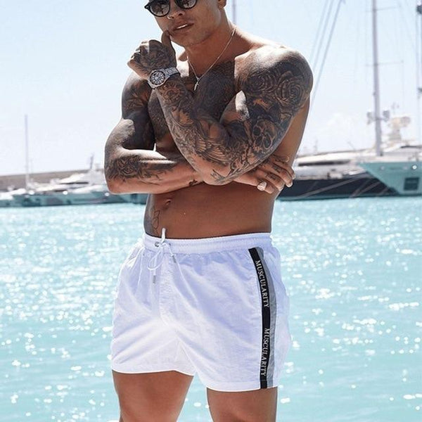 Men Swimwear White Black Bule Red Swimsuit Side Pockets Drawstring Elastic Waistband Swimming Trunks Breathable Swim Briefs Male
