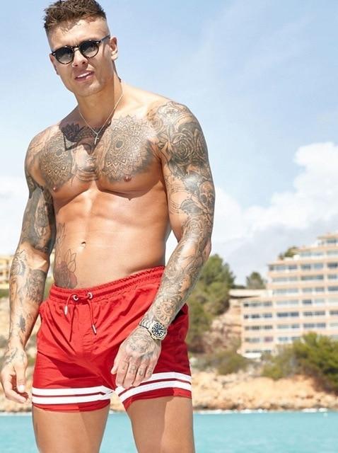 Men Swimwear White Black Bule Red Swimsuit Side Pockets Drawstring Elastic Waistband Swimming Trunks Breathable Swim Briefs Male