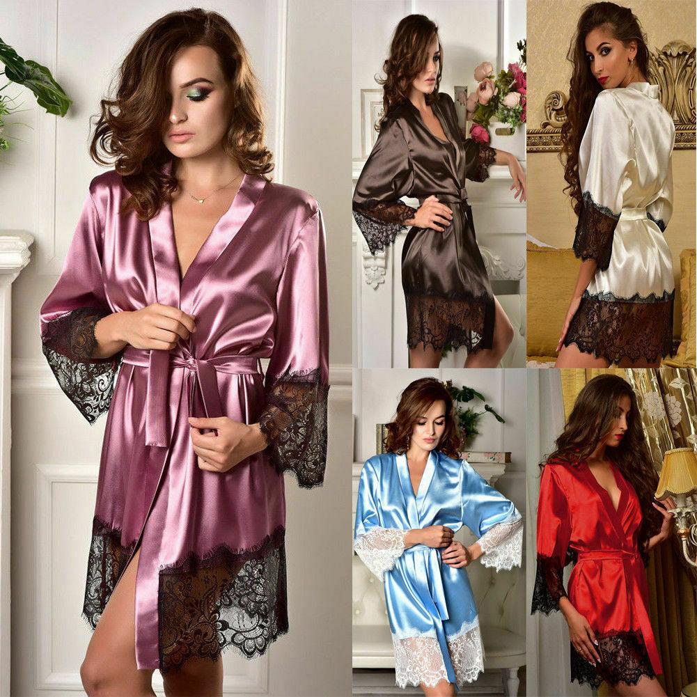 Hot Sale Women's Sexy Satin Silk Robe Sleepwear Lace Nightgown Pajamas  Dressing Gown Babydolls Kimono Bathrobe Dress S-XL