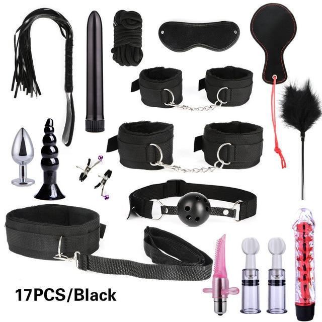 Women Men Porno Sex Handcuffs Nipple Clamps Whip Mouth Gag Sex Mask Anal Plug Bondage Set Sexy Lingerie Toys for Adults