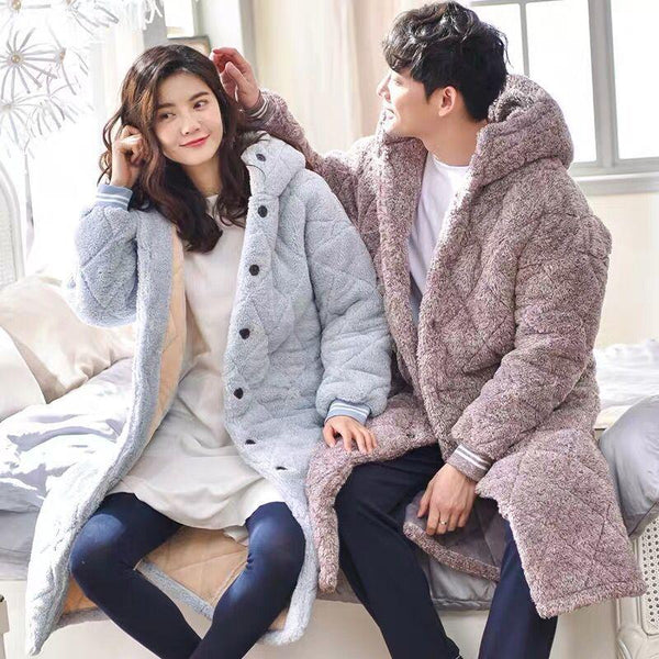 2019 New Super Thick Warm Bathrobes For Men Women Flannel + Cotton Winter Robe Couple Home Hooded Out Wear Long Bath Robes