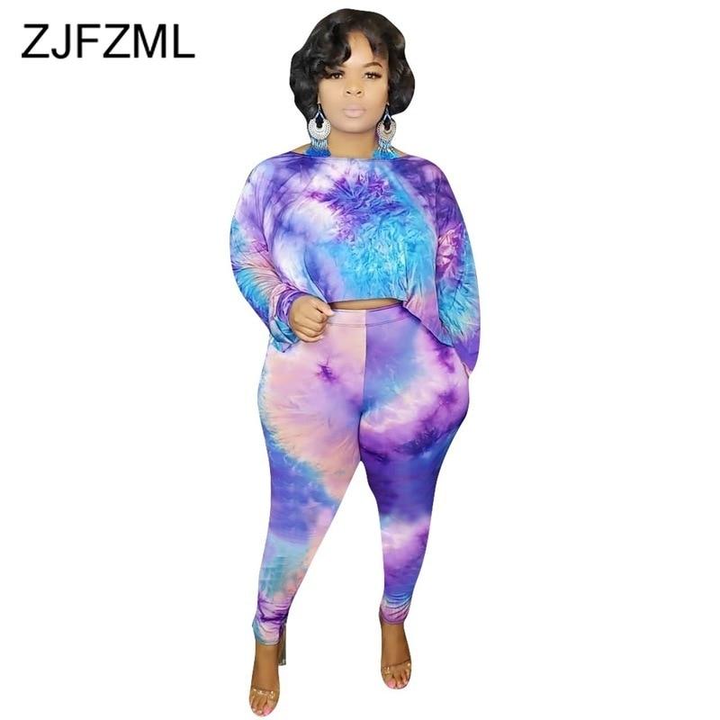 Tie Dye Plus Size 2 Piece Outfits for Women Colthes O Neck Long Sleeve Crop Tops and Pencil Pants Causal Two Piece Matching Sets