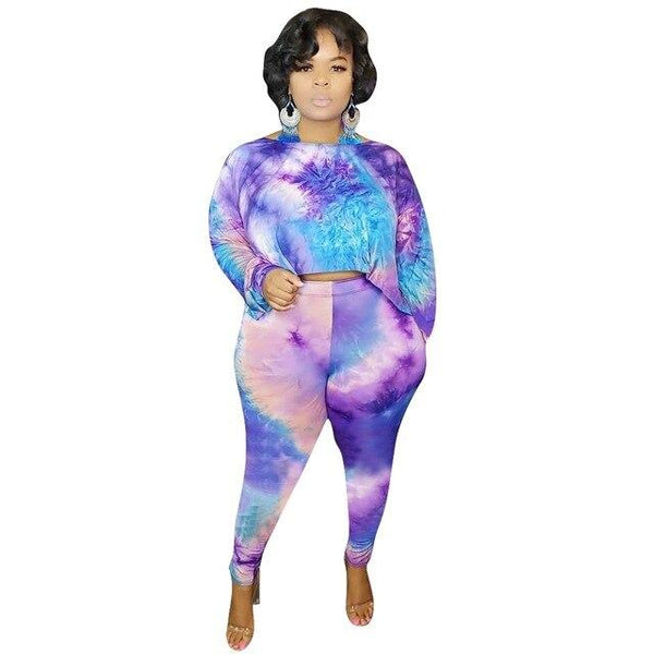 Tie Dye Plus Size 2 Piece Outfits for Women Colthes O Neck Long Sleeve Crop Tops and Pencil Pants Causal Two Piece Matching Sets