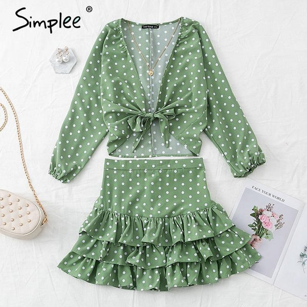 Simplee Polka dot print women skirt suit Bohemian ruffled long sleeve two pieces dress Casual streetwear ladies mini skirt set
