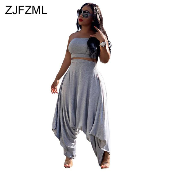Solid Summer Plus Size Club Outfit Sweatsuit Women Backless Strapless Bandage Top + Loose Lantern Pants 2 Piece Matching Set