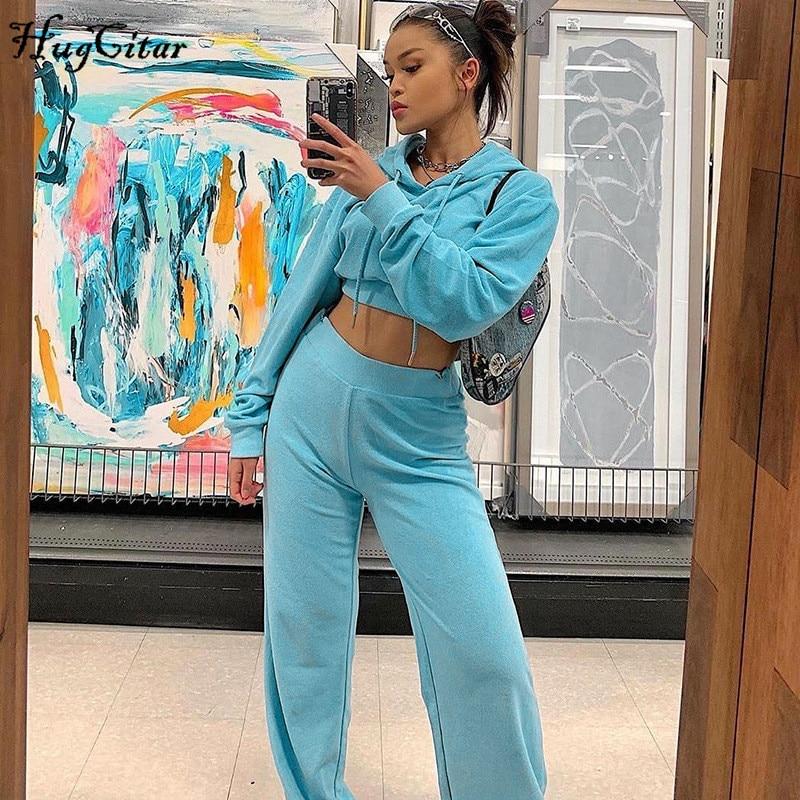 Hugcitar 2019 cotton velvet crop top long sleeve hooded sweatshirt flare pants 2 two pieces set autumn winter women tracksuits