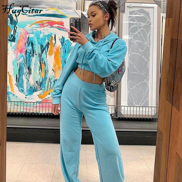 Hugcitar 2019 cotton velvet crop top long sleeve hooded sweatshirt flare pants 2 two pieces set autumn winter women tracksuits