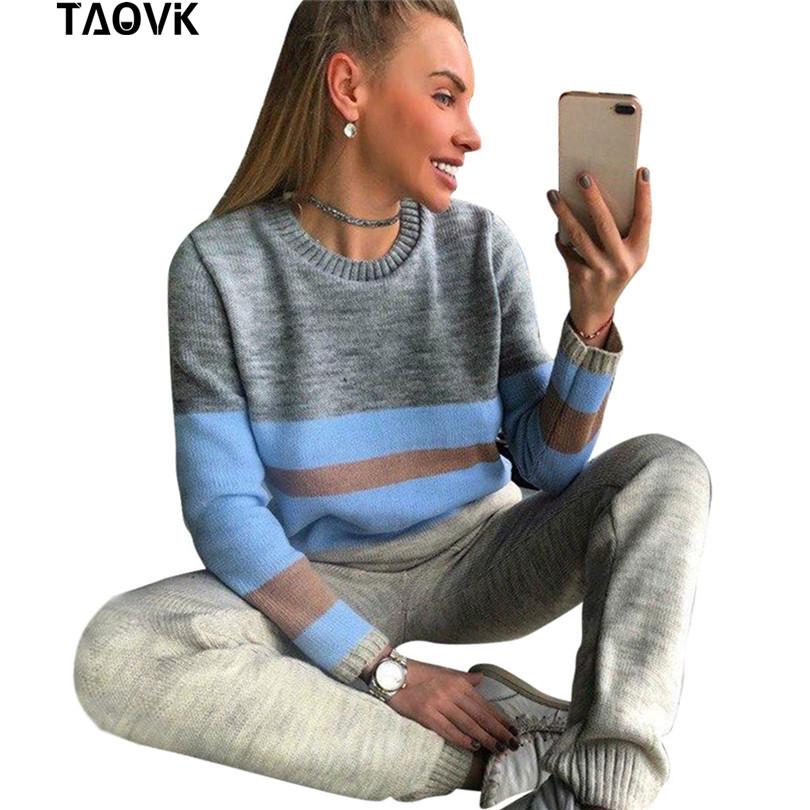 TAOVK comfortable Women's sweater suits knitted tracksuit  multicolor cut and sew jumper pullovers+pant two piece set  outfits