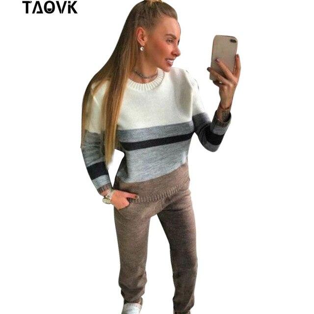 TAOVK comfortable Women's sweater suits knitted tracksuit  multicolor cut and sew jumper pullovers+pant two piece set  outfits