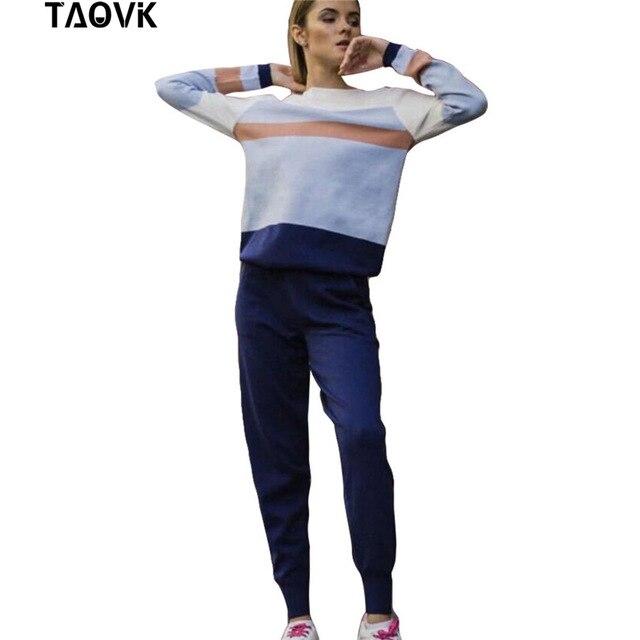 TAOVK comfortable Women's sweater suits knitted tracksuit  multicolor cut and sew jumper pullovers+pant two piece set  outfits