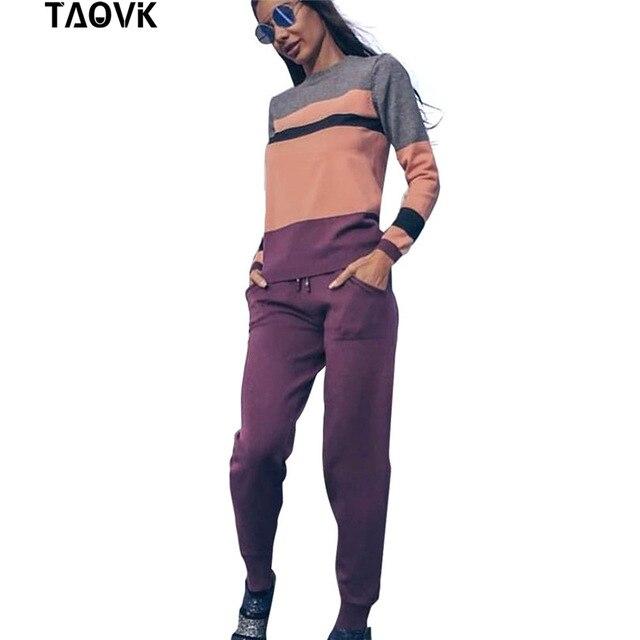 TAOVK comfortable Women's sweater suits knitted tracksuit  multicolor cut and sew jumper pullovers+pant two piece set  outfits