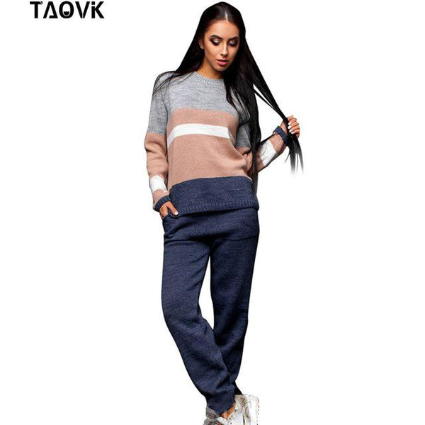 TAOVK comfortable Women's sweater suits knitted tracksuit  multicolor cut and sew jumper pullovers+pant two piece set  outfits