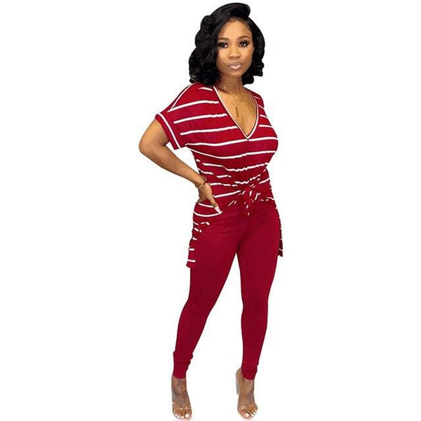 Horizontal Stripe 2 Piece Sweatsuit Summer Clothes for Women V Neck Short Sleeve Side Split Long Top + Pencil Pants 2 Pcs Outfit
