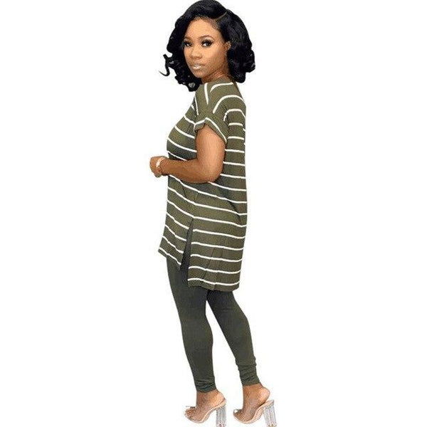 Horizontal Stripe 2 Piece Sweatsuit Summer Clothes for Women V Neck Short Sleeve Side Split Long Top + Pencil Pants 2 Pcs Outfit