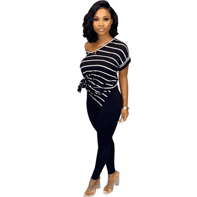 Horizontal Stripe 2 Piece Sweatsuit Summer Clothes for Women V Neck Short Sleeve Side Split Long Top + Pencil Pants 2 Pcs Outfit