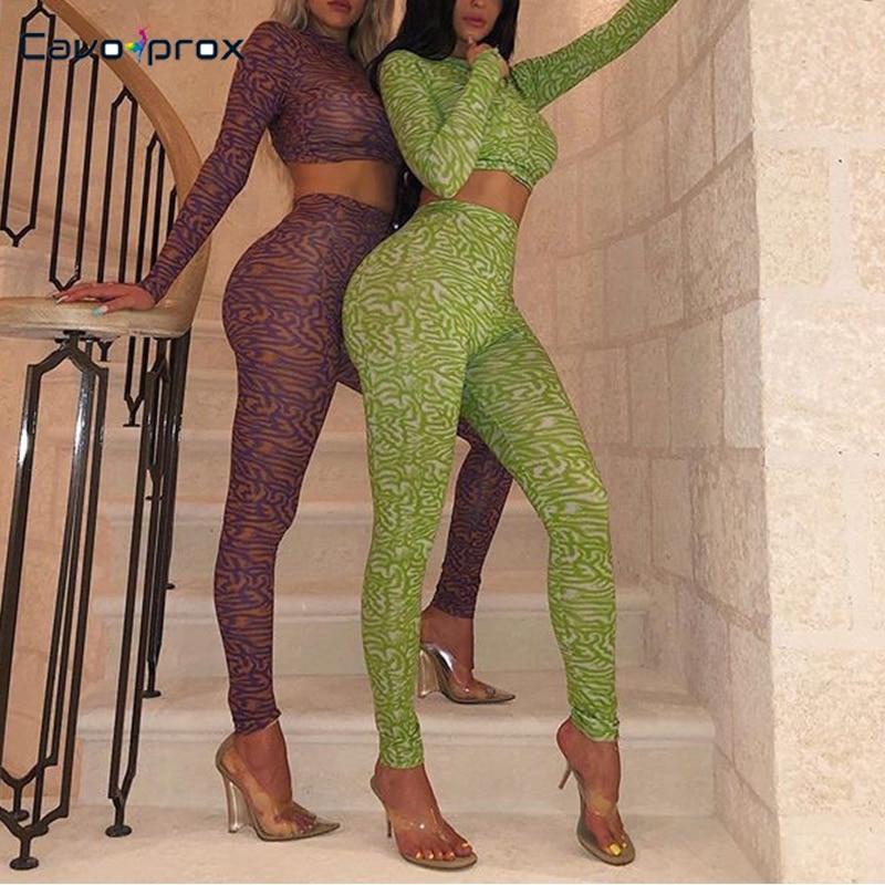Women Two Piece Matching Sets Printed Long Sleeve Top T-shirt & High Waist Skinny Elastic Wasit Bodycon Pants Sexy & Club Suit