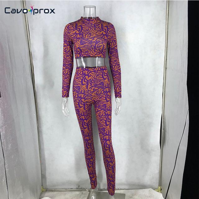Women Two Piece Matching Sets Printed Long Sleeve Top T-shirt & High Waist Skinny Elastic Wasit Bodycon Pants Sexy & Club Suit