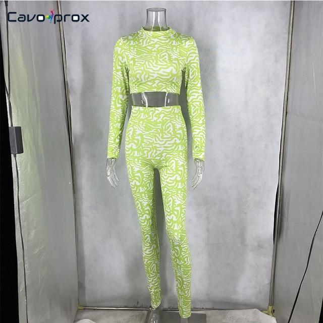 Women Two Piece Matching Sets Printed Long Sleeve Top T-shirt & High Waist Skinny Elastic Wasit Bodycon Pants Sexy & Club Suit