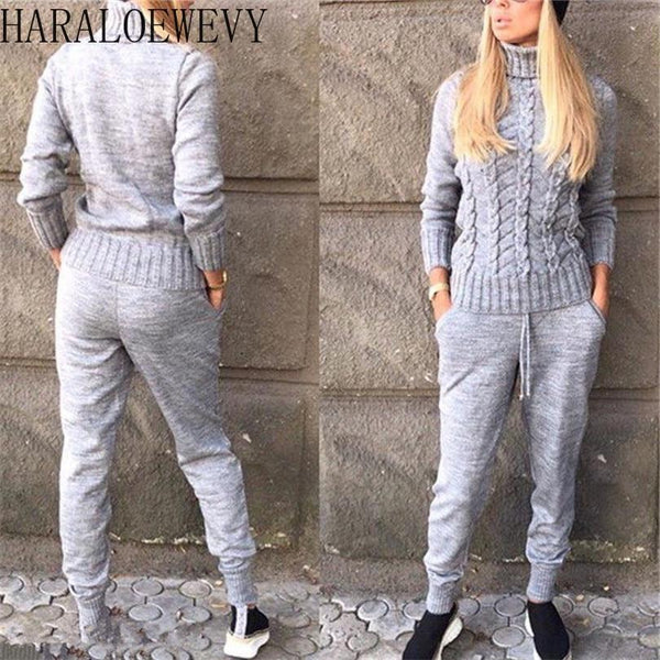 MVGIRLRU knitted suits Women turtleneck sweater Suit twist knit pullovers pants 2 piece set Spring tracksuits