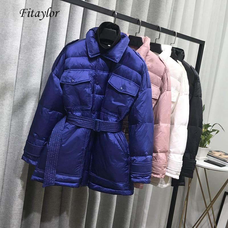 Fitaylor Winter Women Ultra Light Down Jackets Slim Stand Collar Duck Down Parkas Single Breasted Black Snow Outwear With Belt