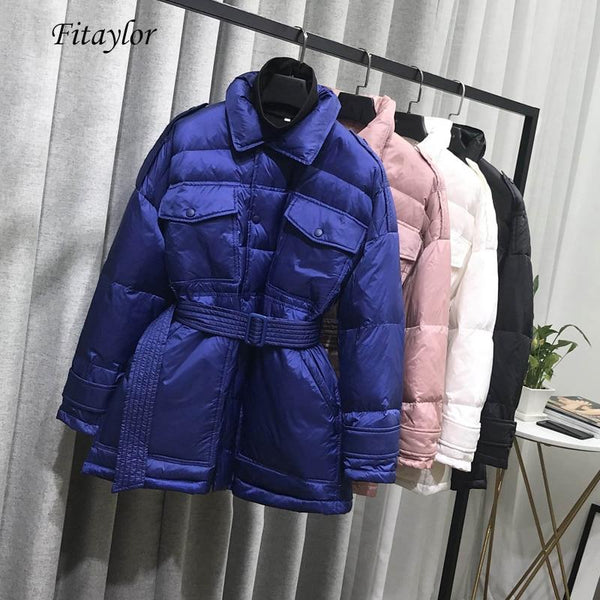Fitaylor Winter Women Ultra Light Down Jackets Slim Stand Collar Duck Down Parkas Single Breasted Black Snow Outwear With Belt