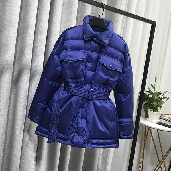Fitaylor Winter Women Ultra Light Down Jackets Slim Stand Collar Duck Down Parkas Single Breasted Black Snow Outwear With Belt
