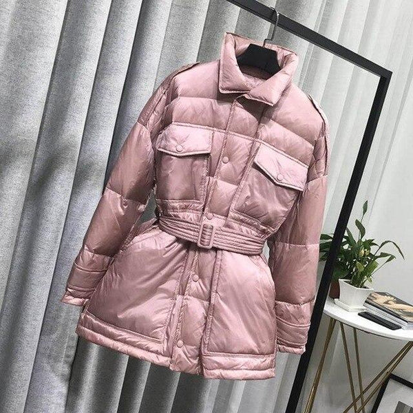 Fitaylor Winter Women Ultra Light Down Jackets Slim Stand Collar Duck Down Parkas Single Breasted Black Snow Outwear With Belt