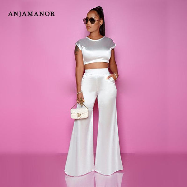 ANJAMANOR Satin Silk Two Piece Set Top and Wide Leg Pants Elegant Sexy 2 Piece Birthday Party Club Outfits Matching Sets D37AD88