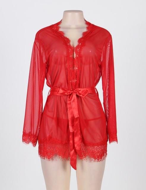 Sexy Women Summer Autumn Perspective Robe Sets Bathrobe Translucent Lingerie Lace-up Plus Size Lace Nightwear Home Clothes