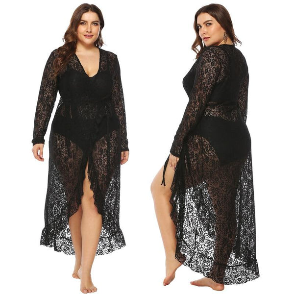 Plus Size Beach Cover Up Tunics Summer Bath Exit Women Bathrobe Swimsuit Coverup Dress Sexy Perspective Irregular Ruffled Lace