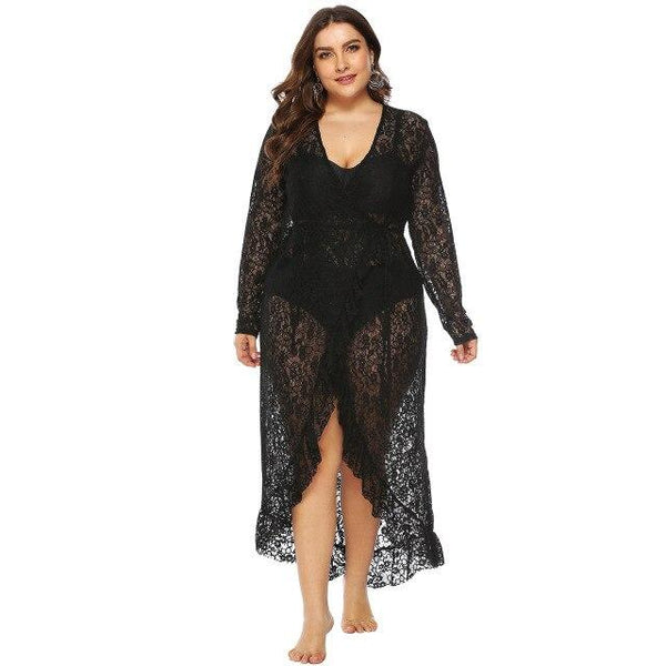 Plus Size Beach Cover Up Tunics Summer Bath Exit Women Bathrobe Swimsuit Coverup Dress Sexy Perspective Irregular Ruffled Lace