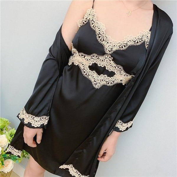 2019 Women Robe & Gown Sets Sexy Lace Sleep Lounge Pijama Long Sleeve Ladies Nightwear Bathrobe Night Dress With Chest Pads