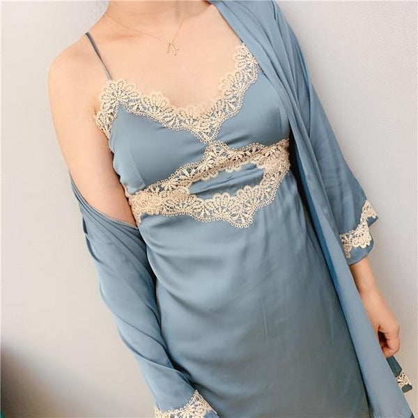 2019 Women Robe & Gown Sets Sexy Lace Sleep Lounge Pijama Long Sleeve Ladies Nightwear Bathrobe Night Dress With Chest Pads