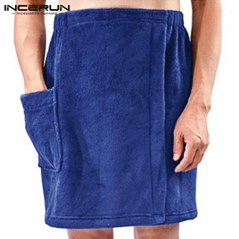 Fashion Men Bath Towel Skirts Pockets Solid Soft Blanket Elastic Waist Comfy Beach Male Bath Skirts Bathrobes Plus Size INCERUN