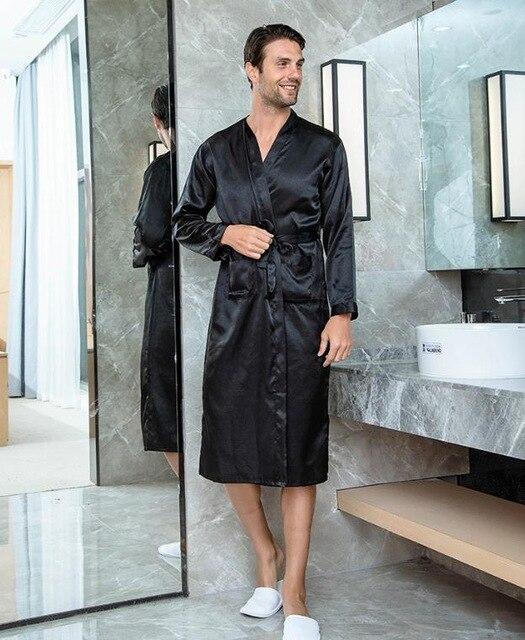 Solid Black Groomsman Robe Men Silk Satin Robe Summer Casual Sleepwear V-Neck Kimono Yukata Bathrobe Gown Size S M L XL XXL