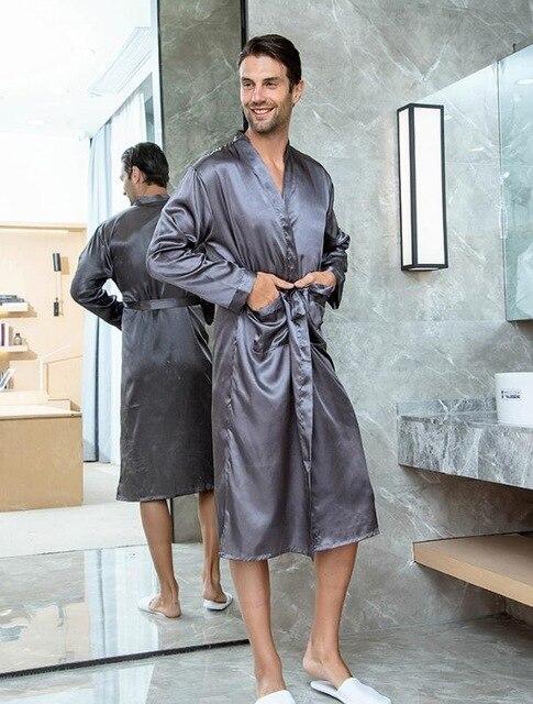 Solid Black Groomsman Robe Men Silk Satin Robe Summer Casual Sleepwear V-Neck Kimono Yukata Bathrobe Gown Size S M L XL XXL