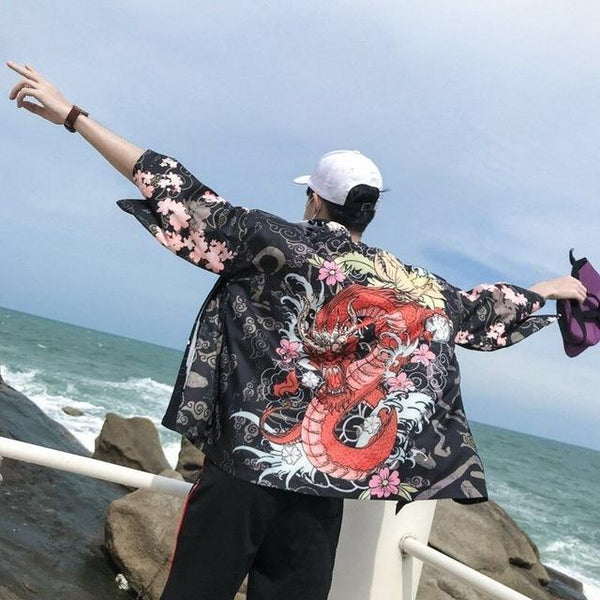 Japanese Kimono Men Bathrobe Print Dragon Sleepwear Big Size Man Long Sleeve Summer Robe 2019 Fashion Asian Harajuku Clothes