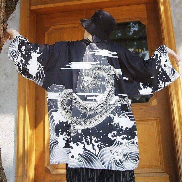 Japanese Kimono Men Bathrobe Print Dragon Sleepwear Big Size Man Long Sleeve Summer Robe 2019 Fashion Asian Harajuku Clothes