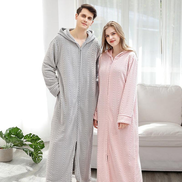 Autumn/Winter Man Bathrobe Hooded with Zipper Plus Fertilizer Nightgown Couple Thickening Pajamas Flannel Nightdress