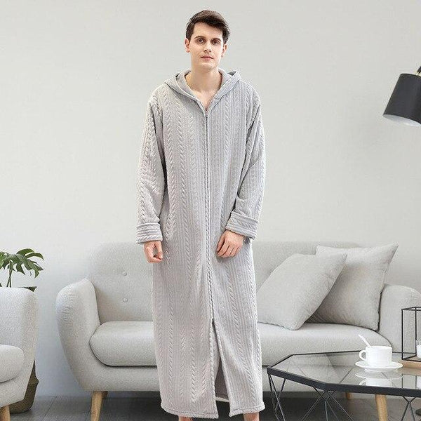 Autumn/Winter Man Bathrobe Hooded with Zipper Plus Fertilizer Nightgown Couple Thickening Pajamas Flannel Nightdress