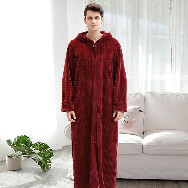 Autumn/Winter Man Bathrobe Hooded with Zipper Plus Fertilizer Nightgown Couple Thickening Pajamas Flannel Nightdress