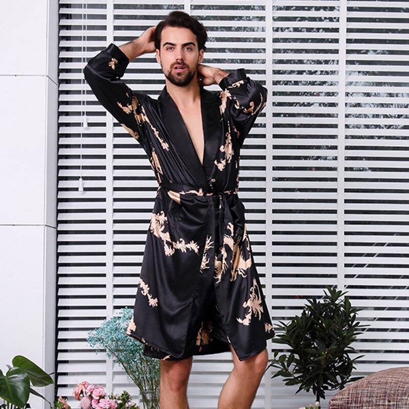 Male New Mens Luxury Bathrobe Robes V-Neck Silk Sleepwear Full Sleeve men's bathrobe 5XL Large Size robe male kimono homme