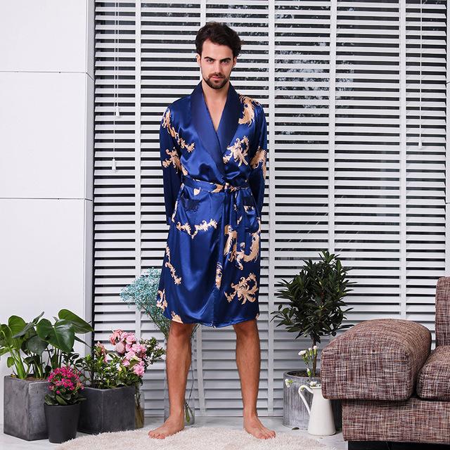 Male New Mens Luxury Bathrobe Robes V-Neck Silk Sleepwear Full Sleeve men's bathrobe 5XL Large Size robe male kimono homme