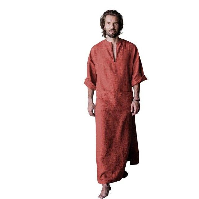 Men's Real Linen Cotton nightgowns Extra large bathrobe Short-sleeved Robe Caftan Vacation Holiday beach Robe