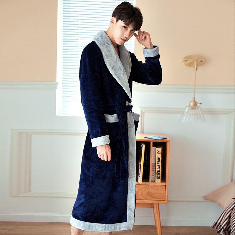 New Flannel Winter Bathrobe Men Gray/Navy Plus Size Long Bath Robe Male Thick Warm Coral Velvet Turndown Collar Dressing Gown