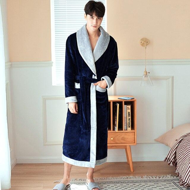 New Flannel Winter Bathrobe Men Gray/Navy Plus Size Long Bath Robe Male Thick Warm Coral Velvet Turndown Collar Dressing Gown