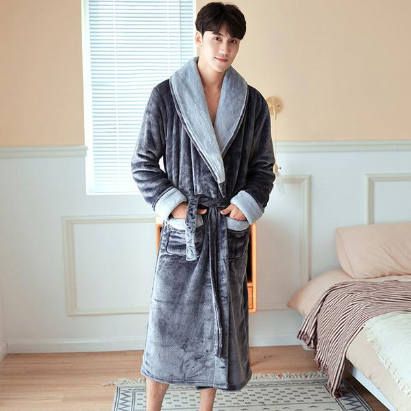 New Flannel Winter Bathrobe Men Gray/Navy Plus Size Long Bath Robe Male Thick Warm Coral Velvet Turndown Collar Dressing Gown