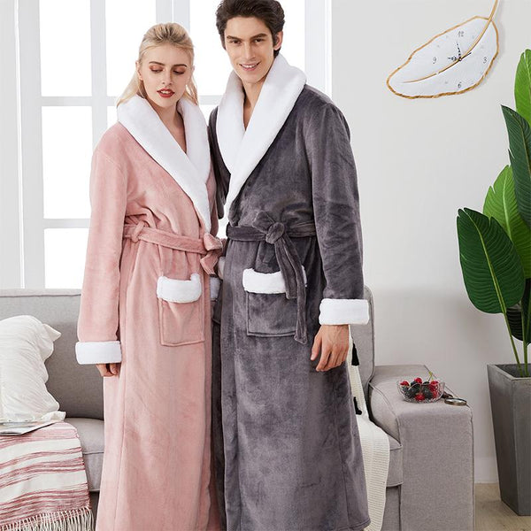 2019 New Male Winter Robe Super Thick Warm Flannel Long Bathrobe For Men Women Couple Large Lapel Home Dressing Gown Tmall Brand